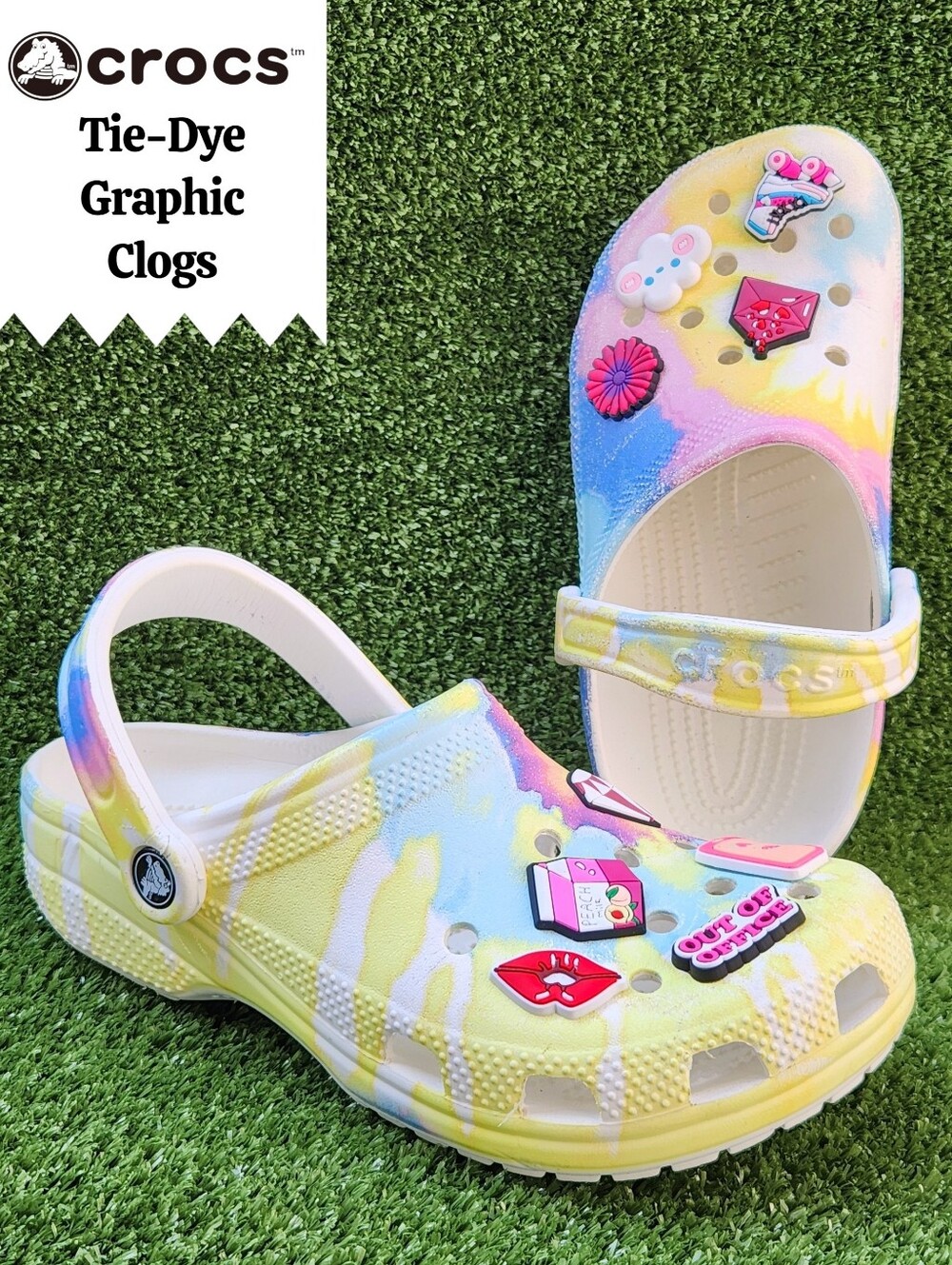Crocs Tie-Dye Graphic Clogs Yellow/Pastel Sandals With Jibbitzs Size J5 Big Kids
